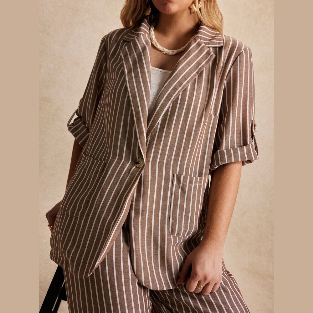 Brown Striped Notch Lapel Collar Roll-Tab Sleeve Blazer with Patch Pockets